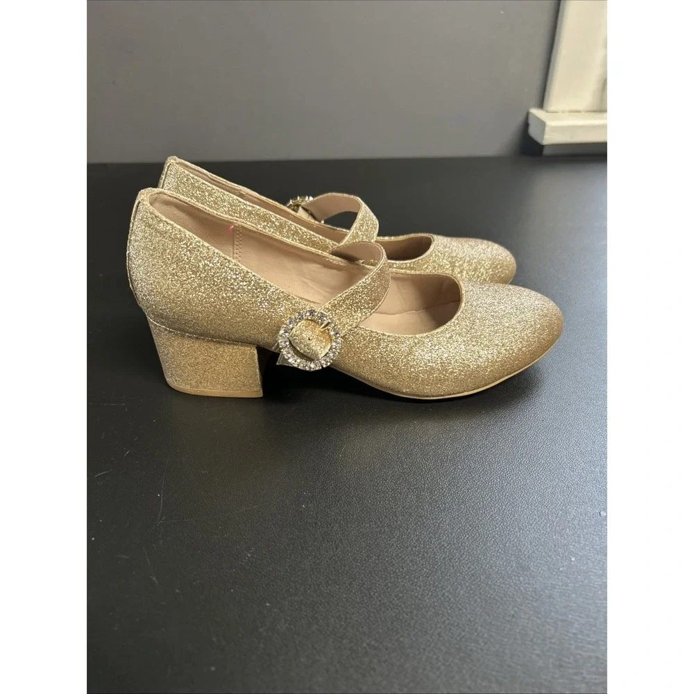 Girls  Size 4‎ Nina Gold Bling Shoes Wedding Dance Pageant Block Heel Rhinestone